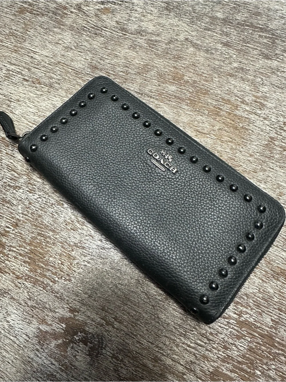 Coach Black Pebbled Leather Zip-Around Wallet with Stud Trim